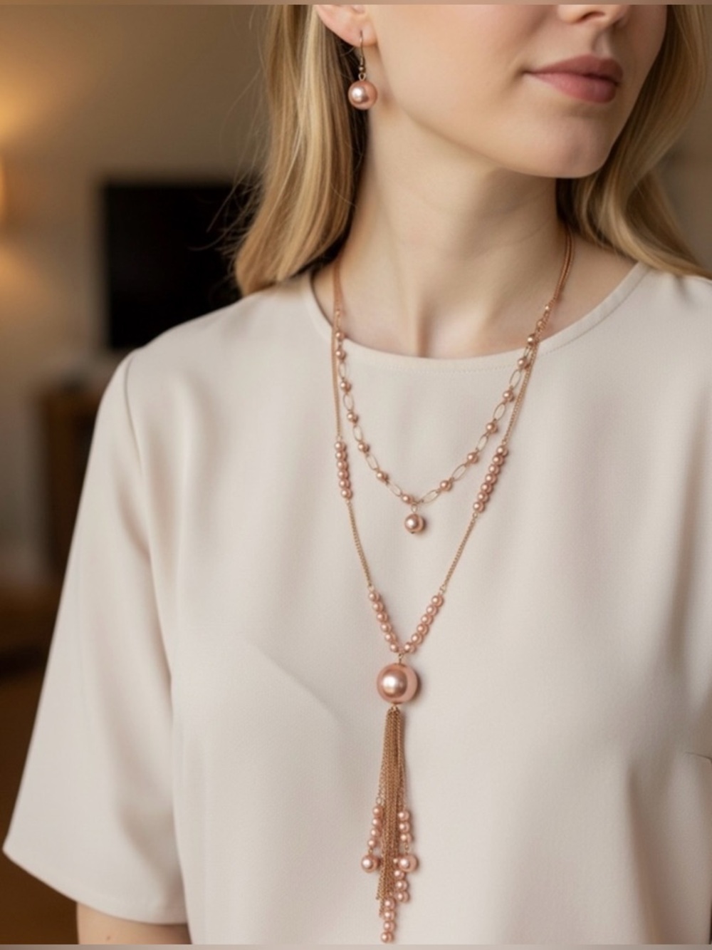 Elegant Rose Gold Pearl Layered Necklace and Earrings Set
